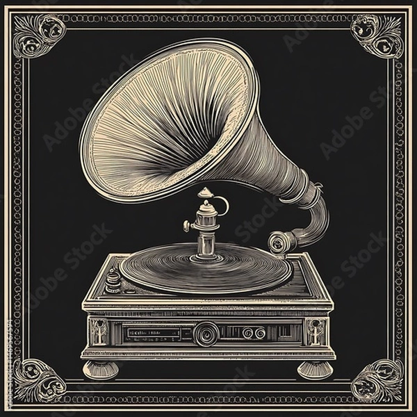 Fototapeta Vintage gramophone music player, dark background, ornate frame, nostalgic design, ideal for music-related projects