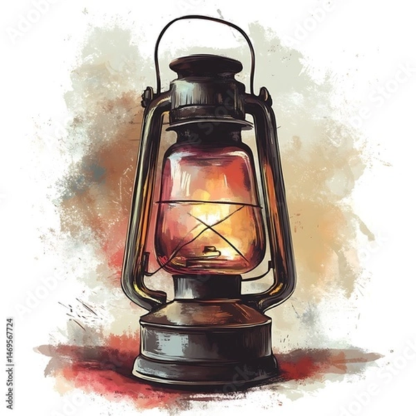 Fototapeta Glowing kerosene lamp, rustic background, night illumination, storytelling illustration