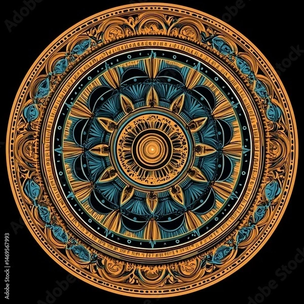 Fototapeta Ornate round golden pattern on a dark background for wall decor or textile design