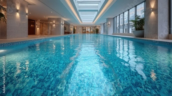 Fototapeta Wide shot of an indoor swimming pool with luxurious, vibrant tiles and crystal-clear water, no swimmers in sight