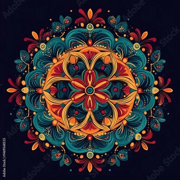 Fototapeta Colorful mandala design, intricate details, dark background, art print