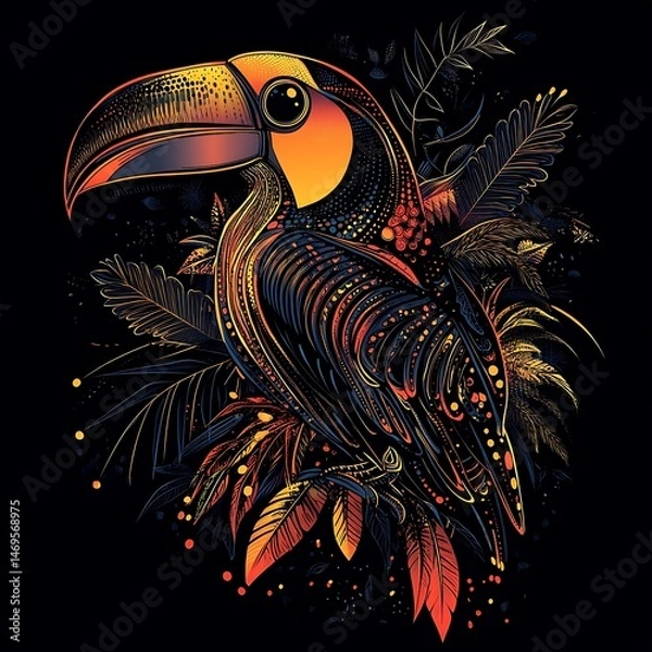 Fototapeta Toucan in Tropical Rainforest, vibrant art, nature background, print design