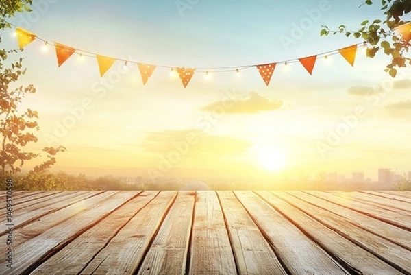 Fototapeta wooden table with an outdoor party background, with bunting and decorations in the sky at sunset,  festive atmosphere for summer events or celebration backgrounds