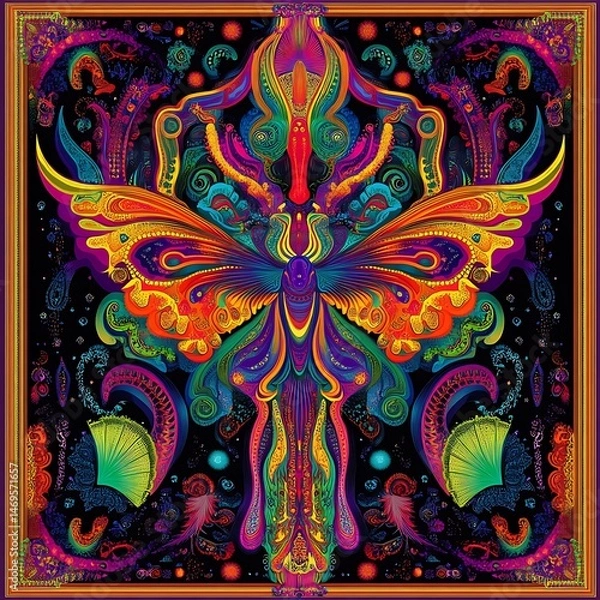 Fototapeta Psychedelic butterfly art; vibrant colors; ornate frame; cosmic background; textile design
