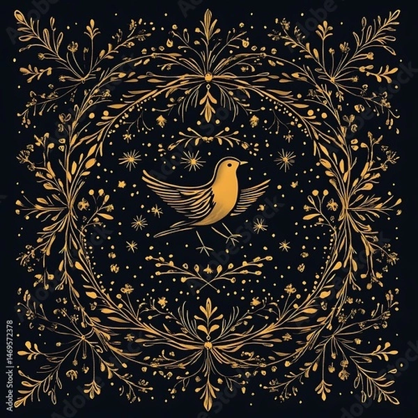 Fototapeta Decorative bird design, floral frame, dark background.  Possible use Print, wallpaper,  or digital art