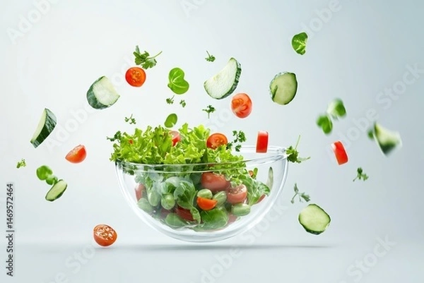 Fototapeta glass bowl with salad leaves, tomatoes, and cucumber slices floating around it on a light background, light colors, food concept