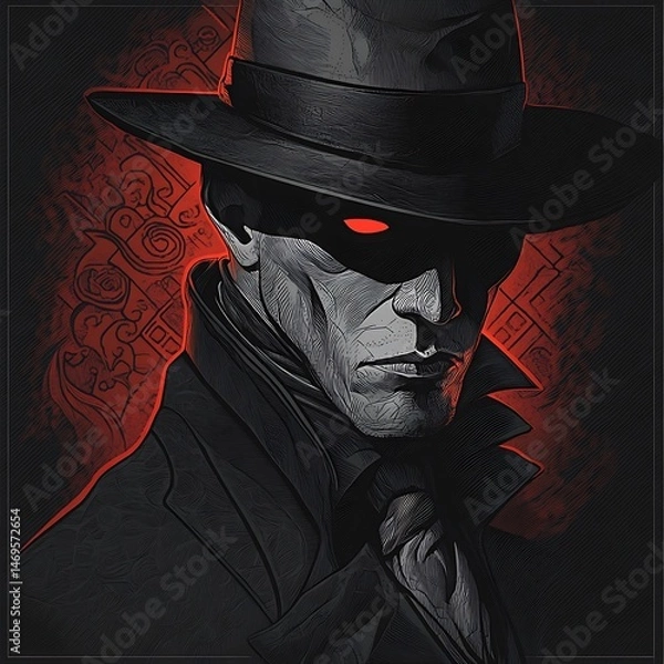 Fototapeta Mysterious man, red eyes, fedora, ancient background, profile picture