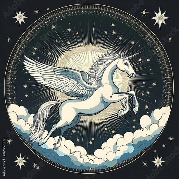 Fototapeta Mythical winged unicorn soaring night sky, celestial background; fantasy art