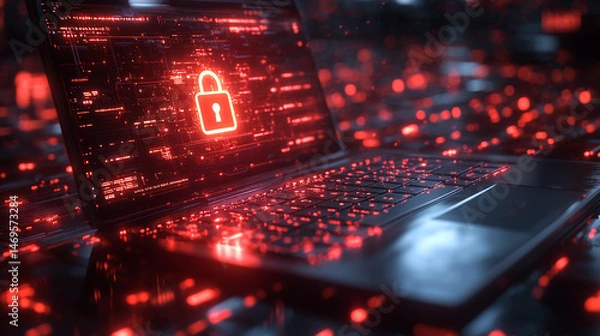 Obraz Cybersecurity Scene With Holographic Lock and Encrypted Laptop Interface