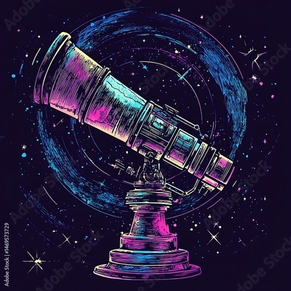 Fototapeta Vintage telescope, cosmic background, space exploration, science illustration