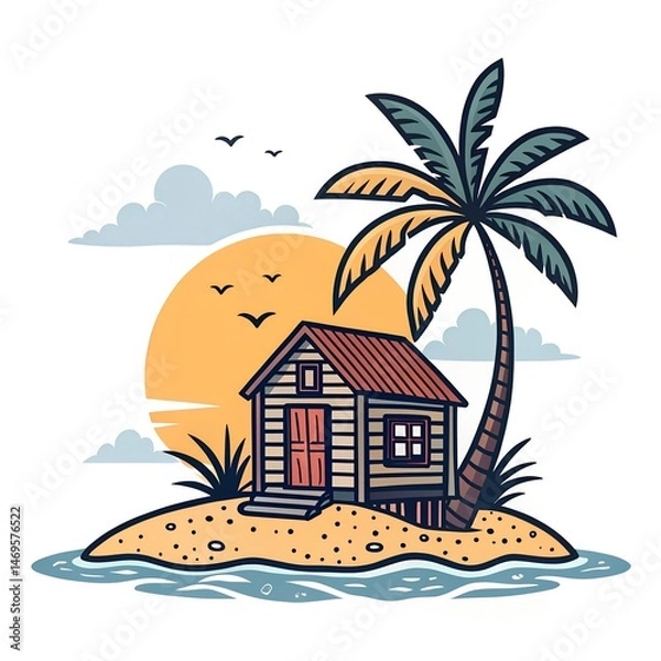 Fototapeta Paradise Island: The scene depicts a sun-drenched island getaway with a rustic beach house and a towering palm tree, inviting a sense of relaxation and escape. 