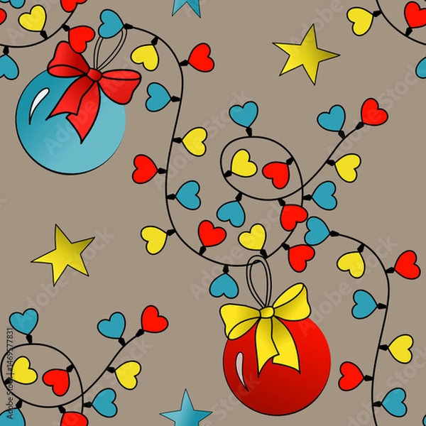 Fototapeta A colorful, festive pattern featuring Christmas ornaments, hearts, and stars. Perfect for holiday designs, Christmas decorations, and seasonal projects.