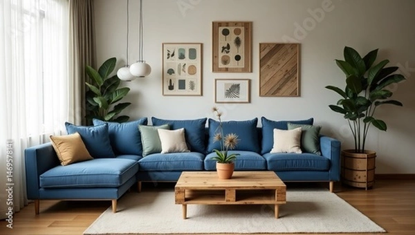Fototapeta Modern Corner with Blue Sofa Wide Window and Wooden Coffee Table