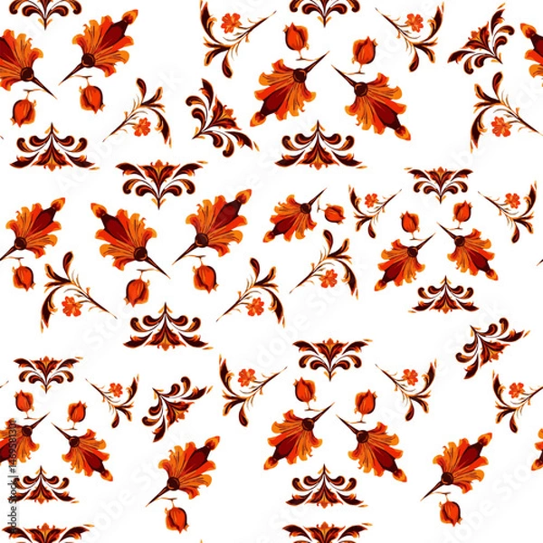 Fototapeta Seamless pattern with floral swirls and plant elements