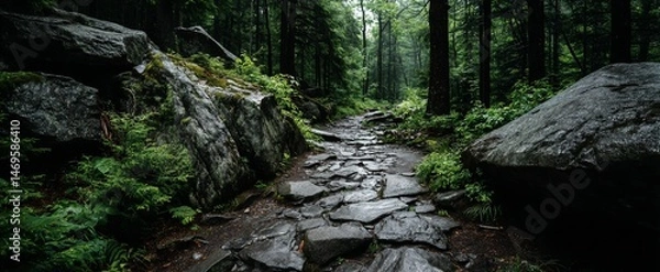 Obraz Rainy forest path, stone-paved trail flanked by lush greenery and moss-covered boulders