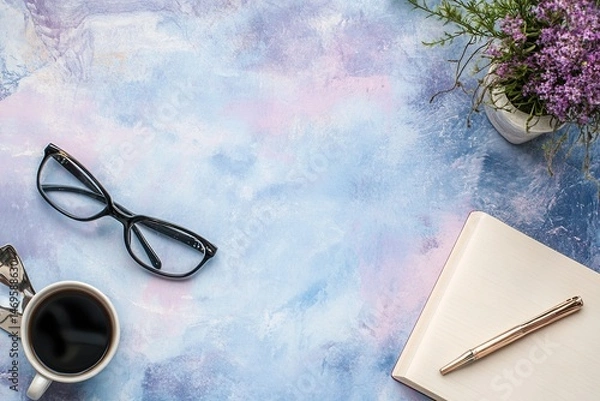 Fototapeta Minimalistic pastel blue and purple background with glasses, a coffee cup on the left side, a pen and a notebook in the top right corner, Ample space for text or product display.