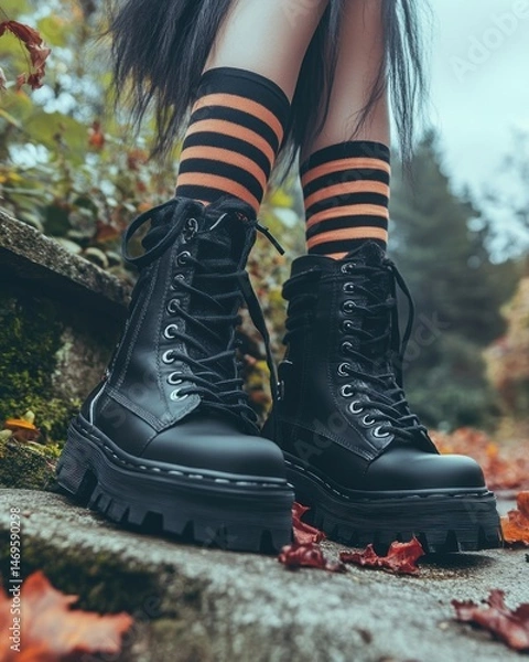 Obraz Black platform boots with orange striped socks on steps