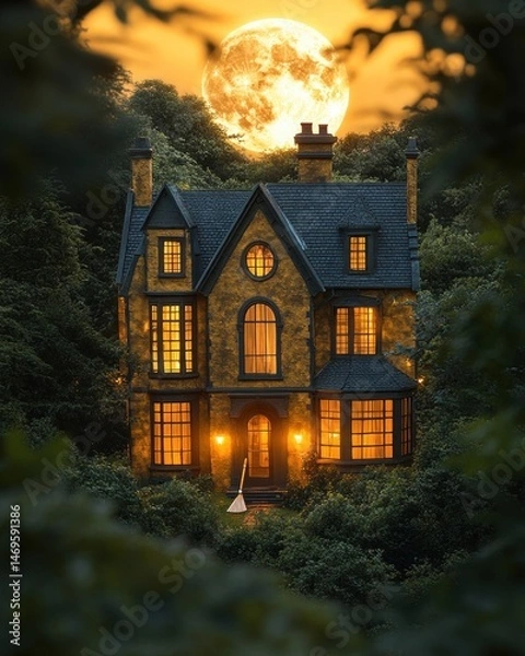 Fototapeta Haunted house at night, full moon