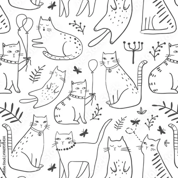 Fototapeta Seamless pattern with cute Kittens in diferent style. Creative childish texture. Great for fabric, textile Vector Illustration
