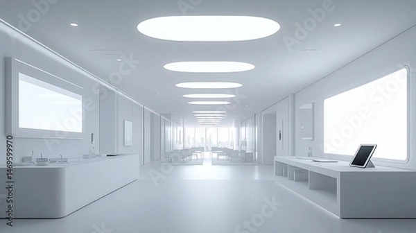 Obraz Modern, minimalist corridor with bright, futuristic lighting.  Empty, sterile, white interior
