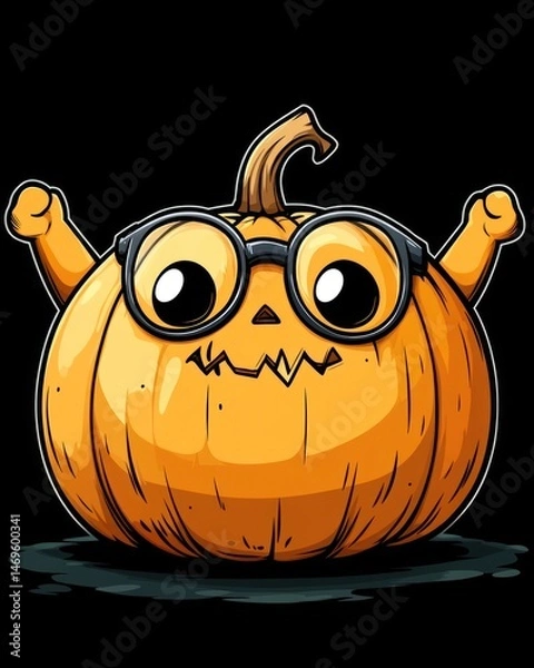 Obraz Cute pumpkin with glasses.  A cartoonish, happy pumpkin wearing glasses,  with arms raised
