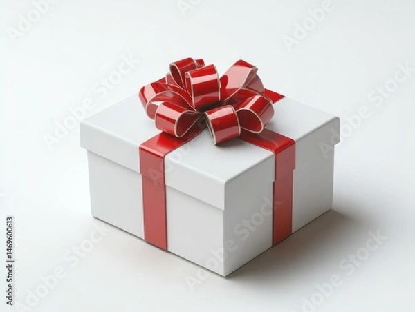 Obraz White gift box with red ribbon bow