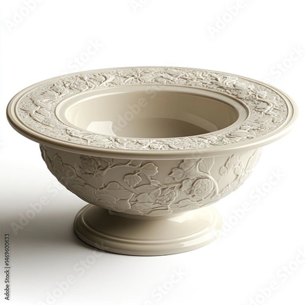 Obraz Elegant, decorative, light beige, embossed bowl with a pedestal base. Ornate floral and leaf patterns