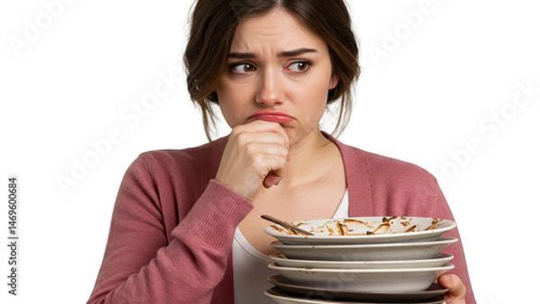 Fototapeta Woman looking at a stack of dirty dishes