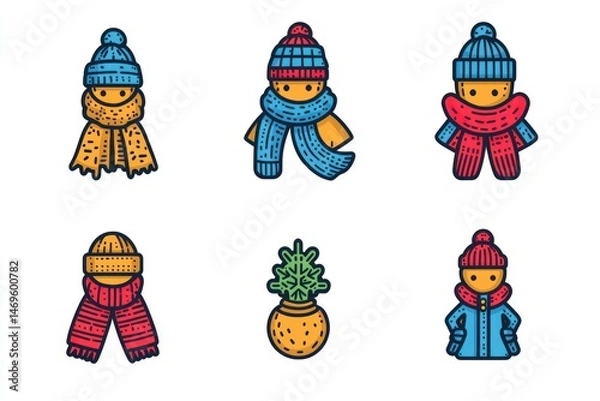 Obraz Winter and Holiday Outfits.  Cute cartoon characters in winter wear.  Various styles of hats and scarves