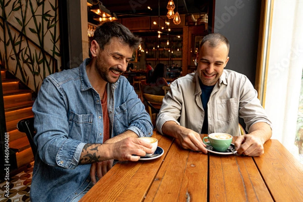 Fototapeta Two men are sharing a moment of laughter and connection over coffee in a warm and inviting cafe