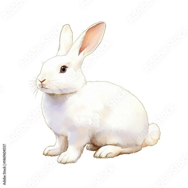 Fototapeta A cute, fluffy white rabbit sitting gracefully. Its long ears perked up, ready to explore, against a white isolate background.