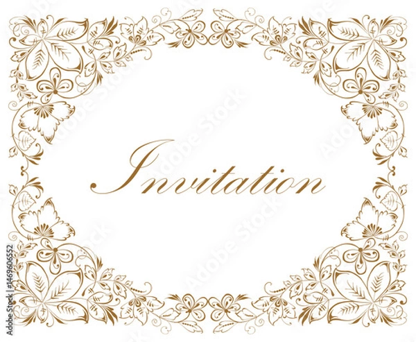 Obraz Decorative greeting card with outline floral golden border of leaves, flowers, tendrils, lettering invitation