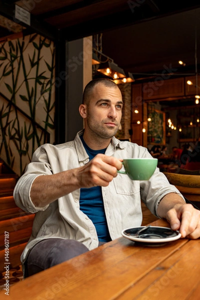 Fototapeta Thoughtful man savoring a warm cup of coffee in a stylish cafe, enjoying a peaceful moment of reflection amidst a busy day