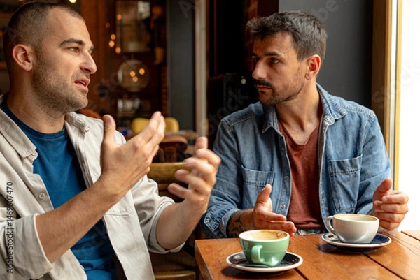 Obraz Two men sitting together at a table in a cafe, enjoying coffee and engaging in animated gestures while discussing various topics
