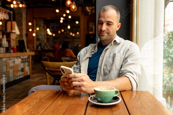 Fototapeta Man sipping cappuccino while browsing social media on a smartphone, enjoying a relaxed morning in a cozy cafe setting