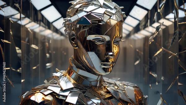Obraz Shattered Mirror Sentinel Wreathed in Welded Scraps of Mirrors and Steel