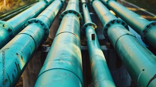 Fototapeta Sewage pipes exposed on an urban street, showing the infrastructure beneath city roads, with some pipes partially broken and surrounded by concrete and debris.