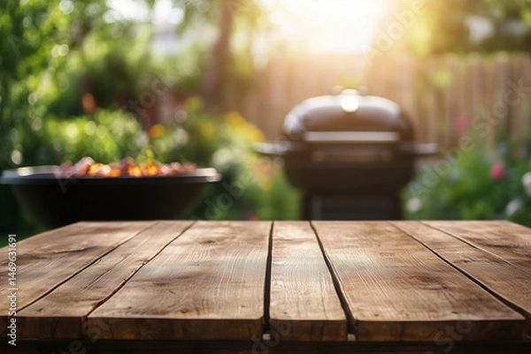Obraz Wooden table with a blurred background of a backyard garden or patio in summer, featuring a barbecue grill and fire pit for grilling food