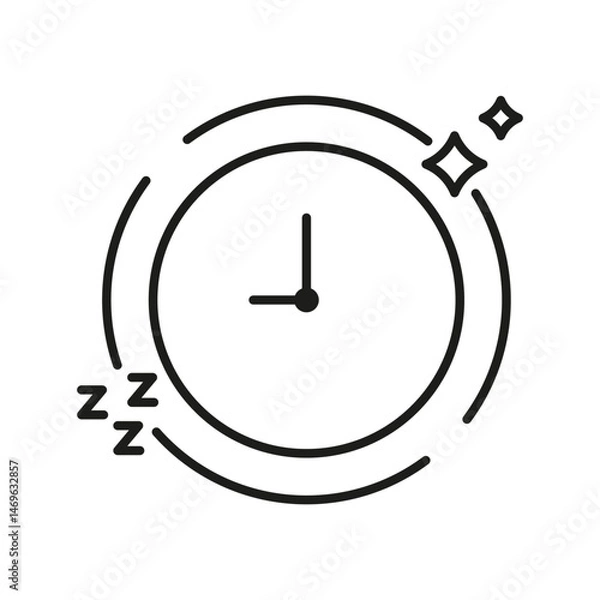 Fototapeta Clock With Sleep And Sparkle Icon. Sleep Schedule, Restful Sleep, And Nighttime Routine Outline Symbol. Sleep Hygiene And Relaxation. Editable Stroke. Isolated Vector Illustration