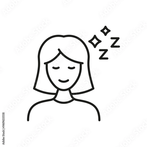 Fototapeta Female Sleeping Icon. Restful Sleep, Relaxation, And Peaceful Mind Outline Symbol. Sleep Quality And Well-Being. Editable Stroke. Isolated Vector Illustration