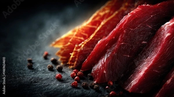 Obraz Close-up of a piece of beef on a table emphasizing the rich texture and color in a mixed meat presentation layout