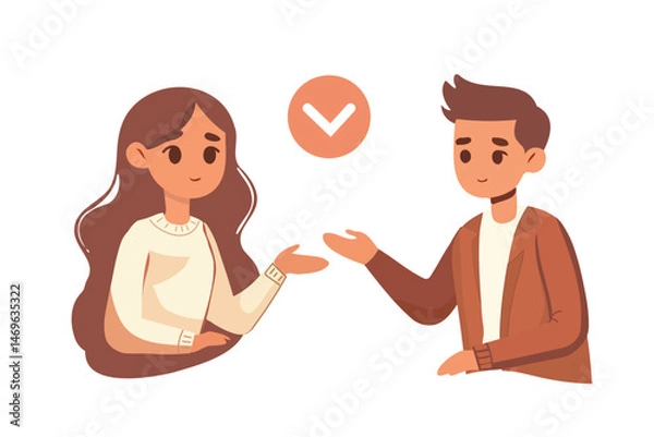 Obraz Business agreement concept. Man and woman showing agreement and cooperation, partnership. Cartoon flat vector illustration.