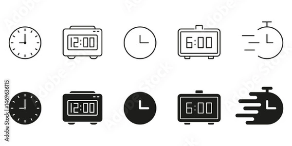 Fototapeta Clock And Timer Line And Solid Icon Set. Time Management, Alarm, And Speed Tracking Symbol Collection. Includes Analog Clocks, Digital Clocks, And Stopwatch Designs. Isolated Vector Illustration