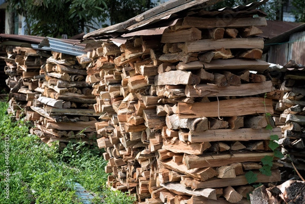 Fototapeta Stacked Firewood Under Metal Roofing in Rural Yard - Neatly arranged stacks of split firewood are sheltered under corrugated metal sheets in a grassy rural area. 