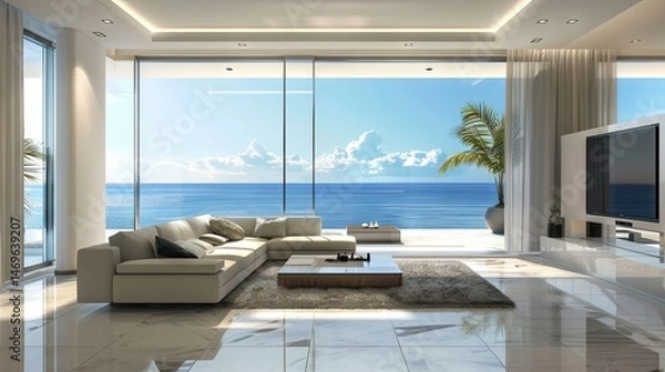 Fototapeta Modern high-tech living room interior in light colors with a white chic sofa and a panoramic window overlooking the ocean.
