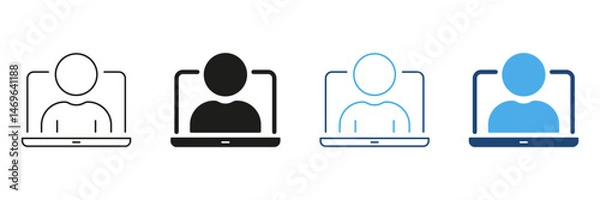 Fototapeta Person On Laptop Screen Line And Solid Icon Set. Virtual Meeting, Online Communication, Remote Work Silhouette Symbol Collection. Digital Interaction And Connectivity. Isolated Vector Illustration