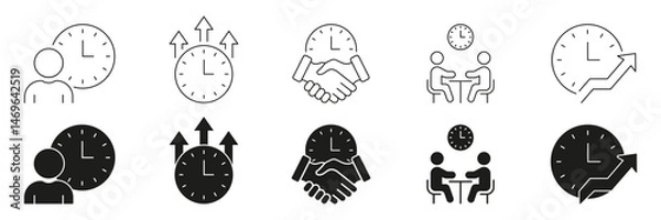 Fototapeta Business Time Management And Productivity Line And Solid Icon Set. Efficiency, Collaboration, And Growth Symbol Collection. Includes Clocks, People, And Arrows. Isolated Vector Illustration