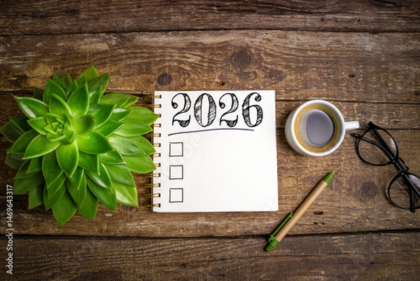 Fototapeta New year resolutions 2026 on desk. 2026 goals list with notebook, coffee cup, plant on wooden table. Resolutions, plan, goals, action, checklist, idea concept. New Year 2026 resolutions, copy space