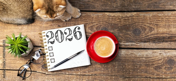 Fototapeta New year resolutions 2026 on desk. 2026 resolutions list with notebook, coffee cup, cute cat on table. Goals, resolutions, plan, cozy, hygge concept. New Year 2026 template, copy space