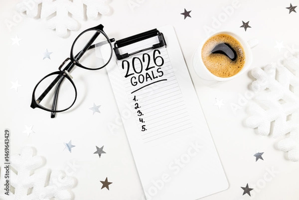 Fototapeta New year resolutions 2026 on desk. 2026 resolutions list with notebook, coffee cup on table. Goals, resolutions, plan, action, checklist concept. New Year 2026 template, copy space